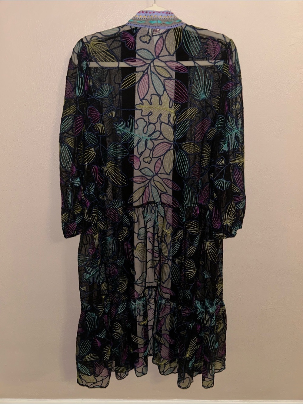 Sheer Black cardi floral Embroidered mesh duster kimono witchy fairycore hippie - Picture 2 of 3